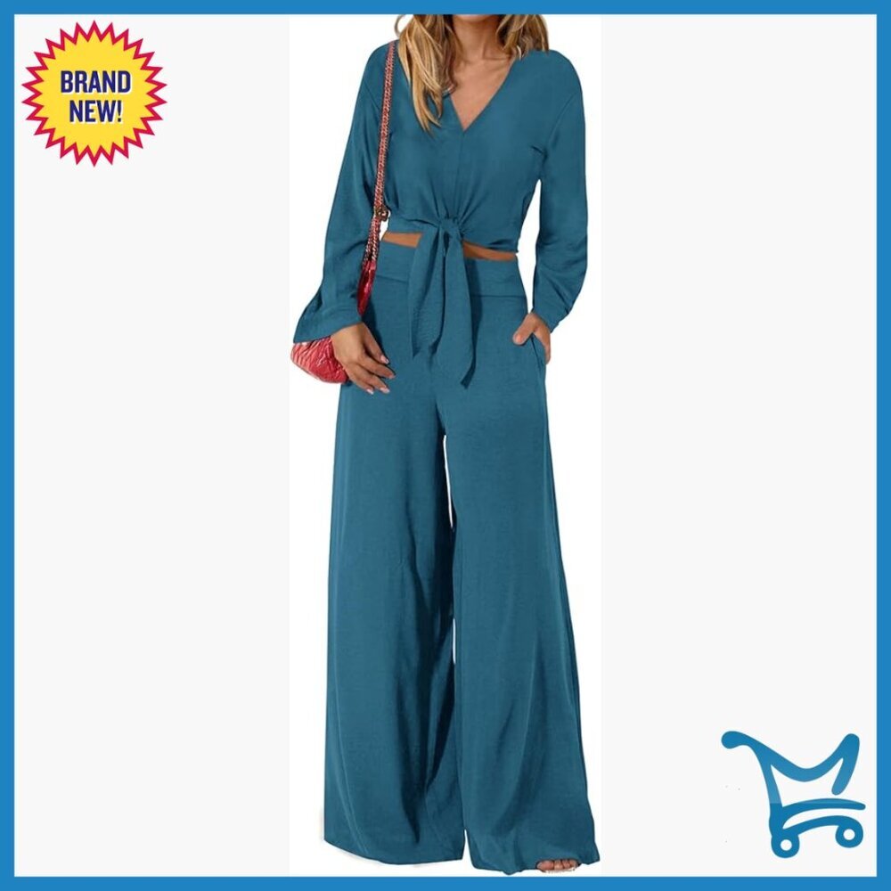 Polyester Lounge Set with V-Neck Crop Top and Wide Leg Pants, Size XL